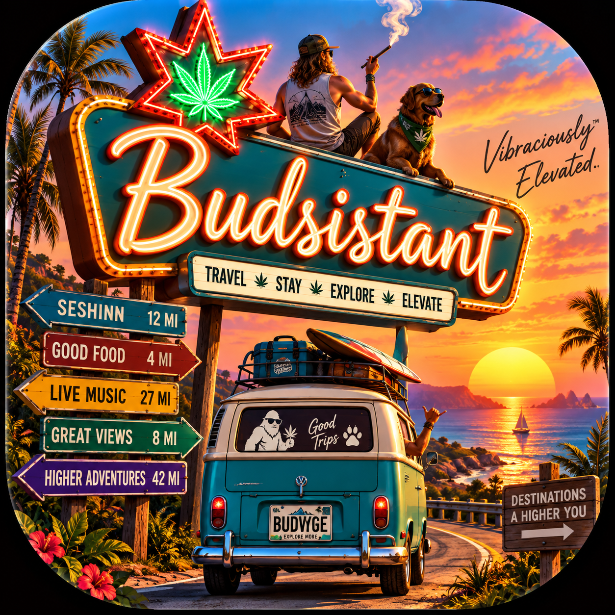 Budsistant coastal road-trip logo with bus at sunset